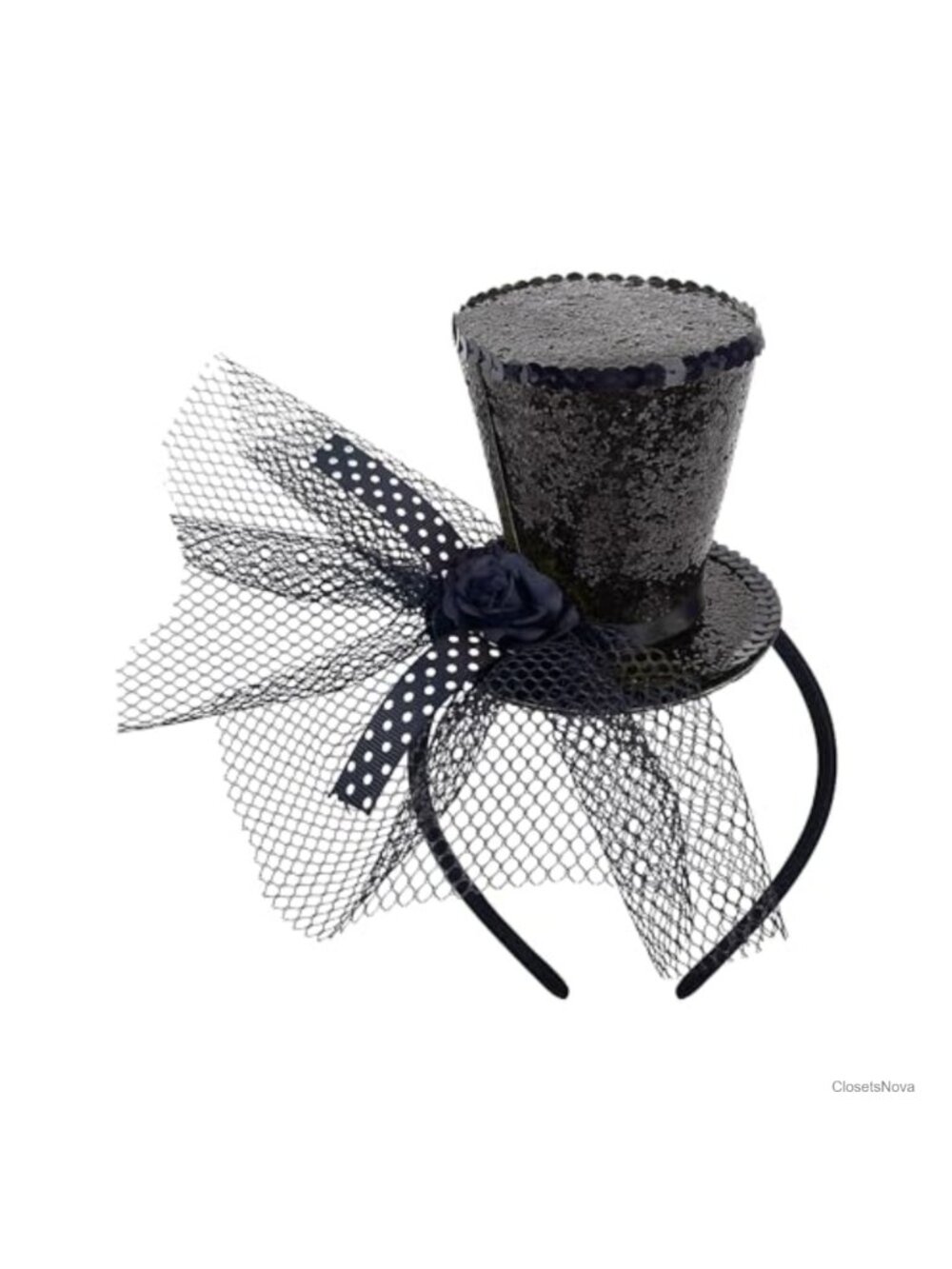 Sequin Mini Top Hat on Headband with Veil Fascinator